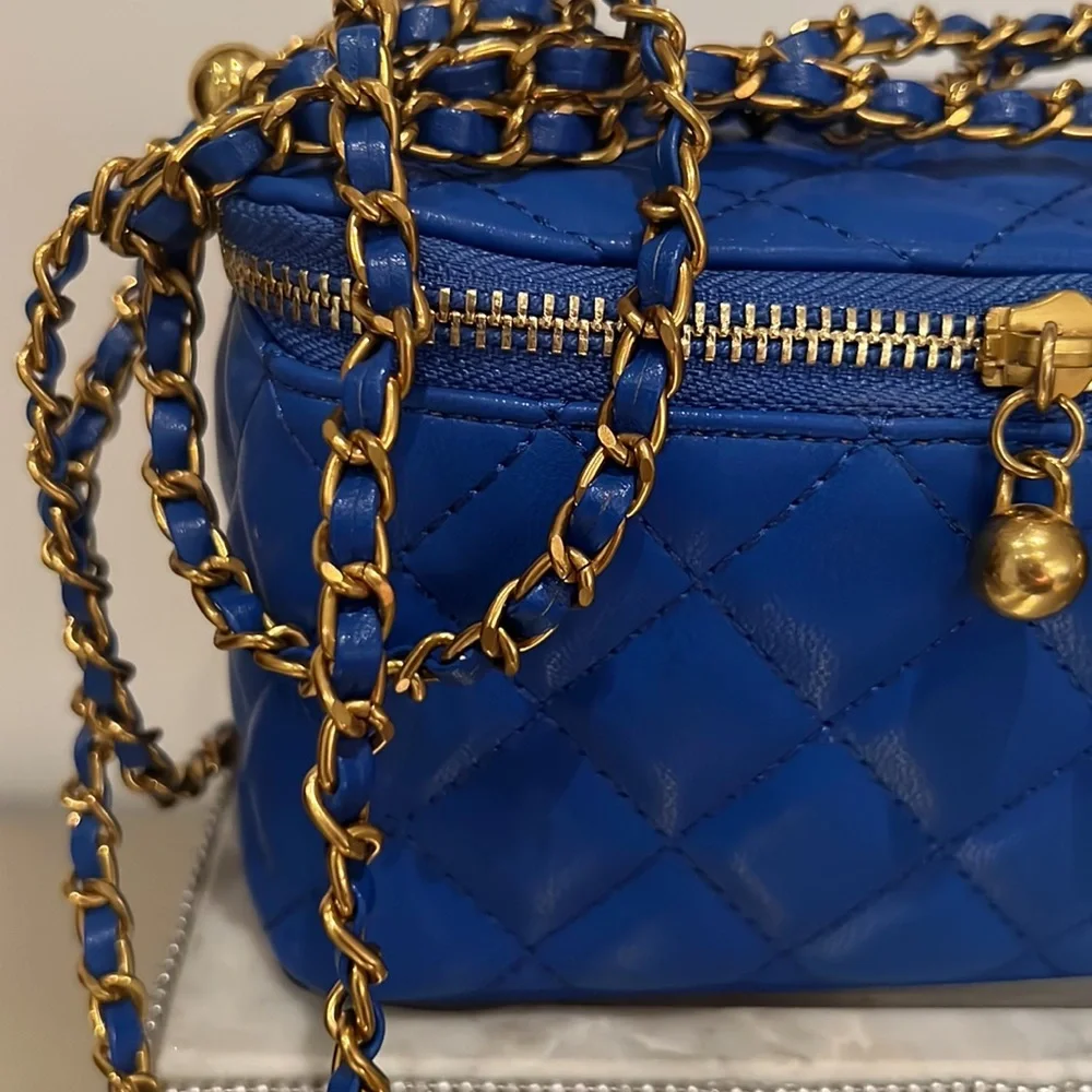Handbag Quilted Royal Blue Make up Bag Leather 7”x4”x3”_3